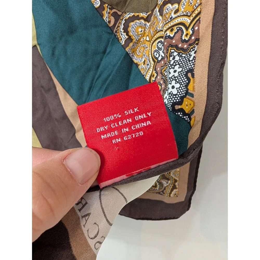 Oscar de la Renta Silk Scarf Brown Teal Paisley Abstract Swirl Rectangular Logo